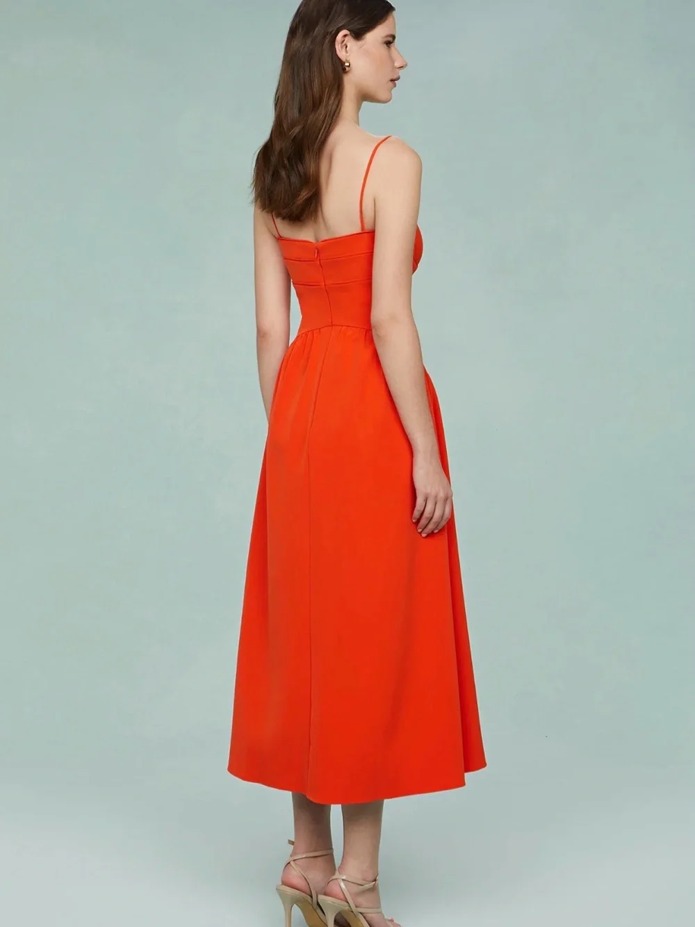 AMUR Bright Orange Spaghetti-Strap Midi Dress (Oliver Cady Mid) - Picture 6 of 8